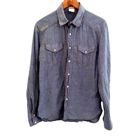 John Galliano Blue Chambray Button Down Shirt With Pop Art Hand Painted … - Picture 3 of 12